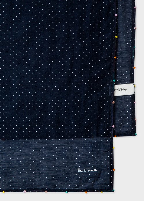 Men's Navy Polka Dot Scarf With Colourful Knotted Hem #139